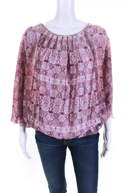 Lolita Jaca Womens Pink Silk Floral Crew Neck 3/4 Sleeve Blouse Top Size S