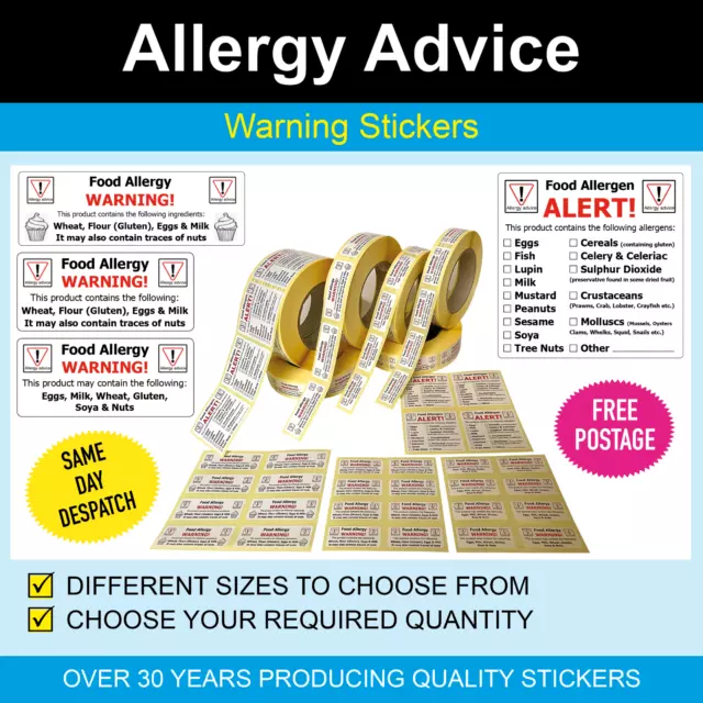 Food Allergy / Allergen Advice Warning Stickers / Labels Professionally Printed
