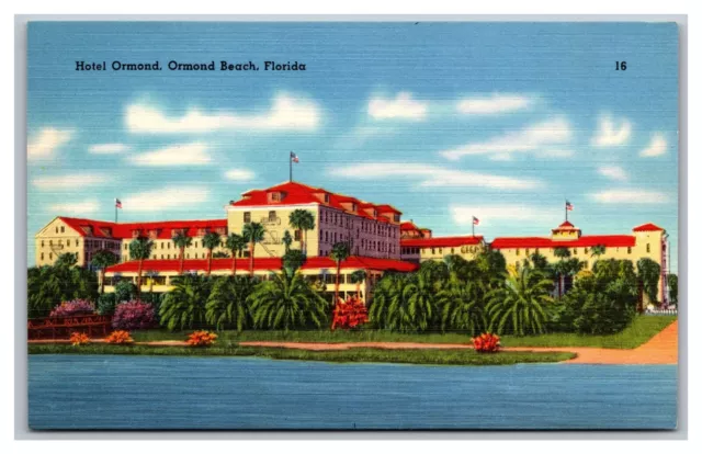 Ormond Beach Florida FL Hotel Ormond Halifax River Atlantic Ocean Linen Postcard