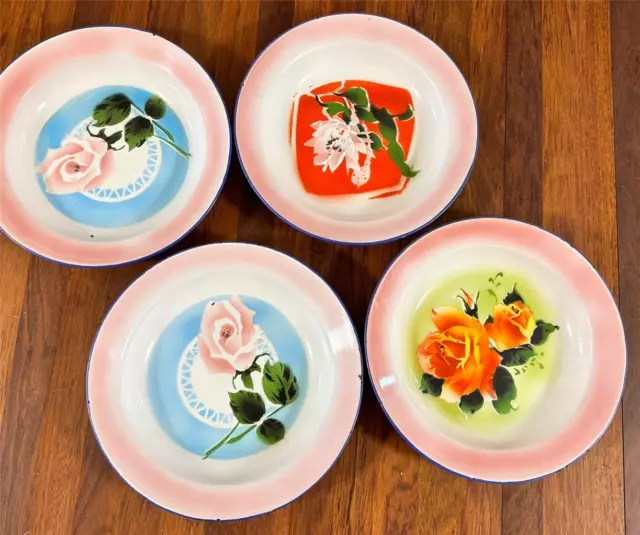 Vintage Enamelware Plates Stencilled Flowers 24cm Deep Dish PEACOCK Enamel Ware