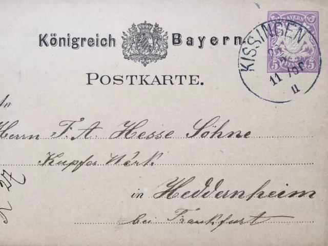 Altdeutschland Bayern 1879 Postkarte Ganzsache Kissingen - Heddernheim gest.