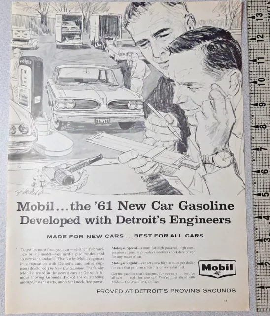 1960 Mobil Oil Vintage Print Ad Gasoline Pump Detroit Engineers Pontiac Tempest