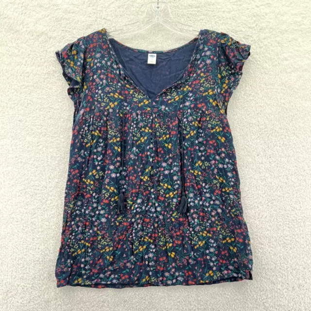 Old Navy Blouse Womens Small Blue Floral V-Neck Top Shirt Pullover Tassel