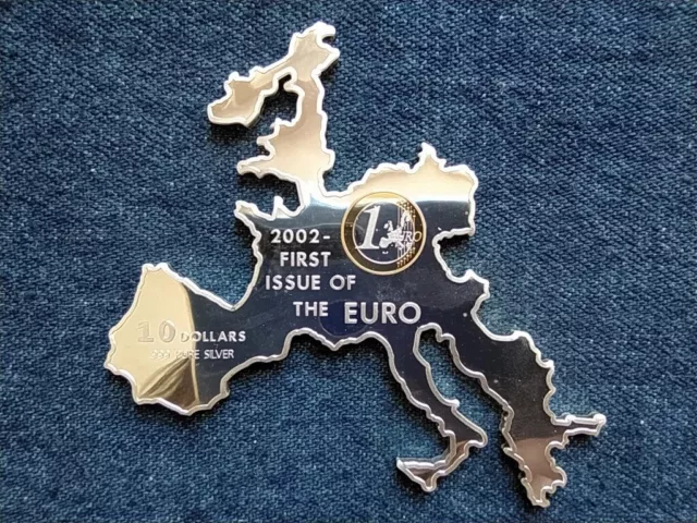 Nauru first issue of euro Europe map 10 dollar .999 Silver Coin 2002 PP