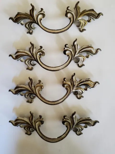 French Provincial Set of Four Handles, Drawer Pull, Vintage, White Brushed Brass