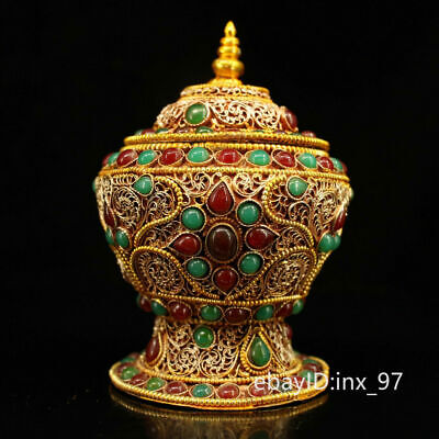 4.8" China Tibet Old Tibetan silver Handmade Inlaid gemstones Relic treasure pot