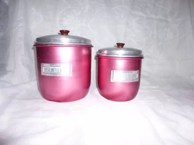 Vintage 1950's Pink Model Maid Anodised Aluminium Canisters Flour & Rice - Retro