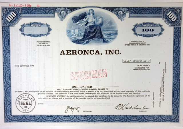 OH. Aeronca, Inc., 1971 100 Shrs Common Stock Specimen Certificate, XF ABNC