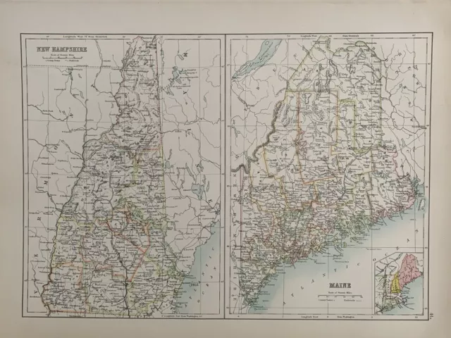 1897 New Hampshire & Maine Original Antique Map A & C Black 123 Years Old