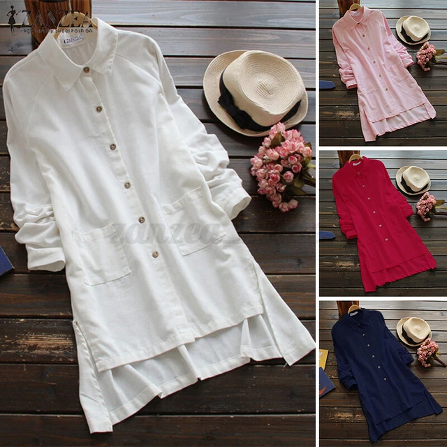 UK Women Collared Long Sleeve Casual Loose Tops High Low Hem Shirts Dress Blouse