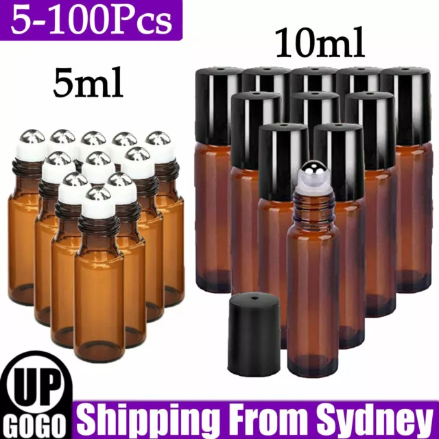 5-100PCS 5/10ml Roller Bottles Amber Glass Perfume Essential Oil Roll On Ball AU