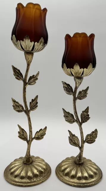 Vintage Pair Gold Gilt Floral Votive Candle Holder Hollywood Regency Amber Glass
