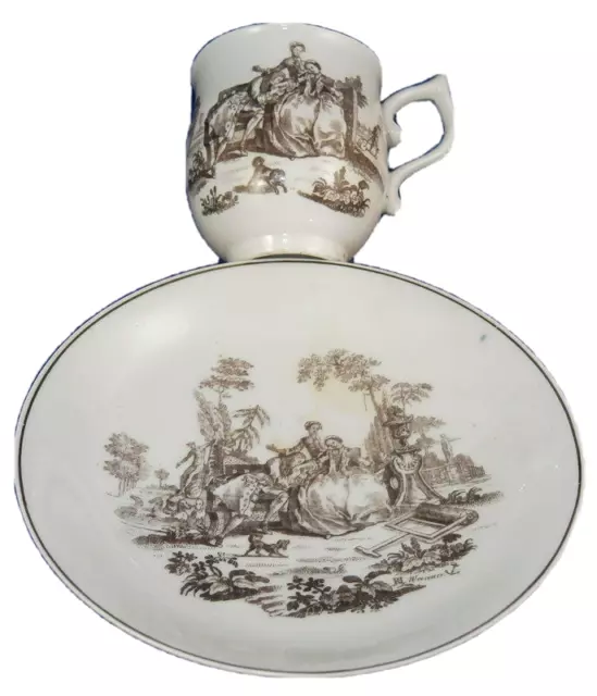 Antico 18thC Worcester Porcellana Hancock Stampa Tazza e Piattino Porzellan