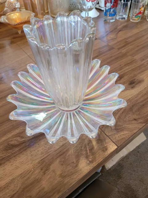 Vintage Iridescent Rainbow Flower Shape Glass Dish & Fostoria Ribbed Footed Vase