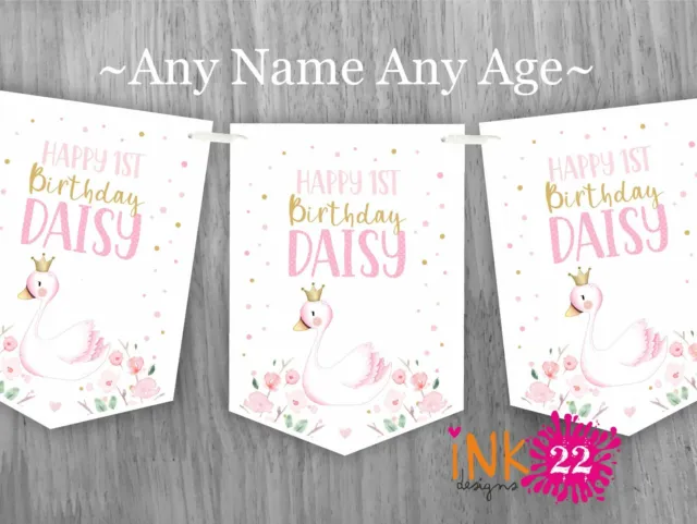 Personalised Girls Baby Birthday Party Banner Bunting Floral Swan Any name