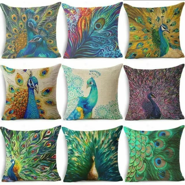 Cushion Cover Cotton Linen Peacock Feather Throw  Home Decor Pillow Case