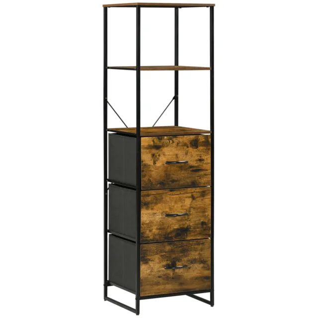 HOMCOM Industrial Storage Cabinet with 2 Shelves 3 Fabric Drawers Rustic Brown