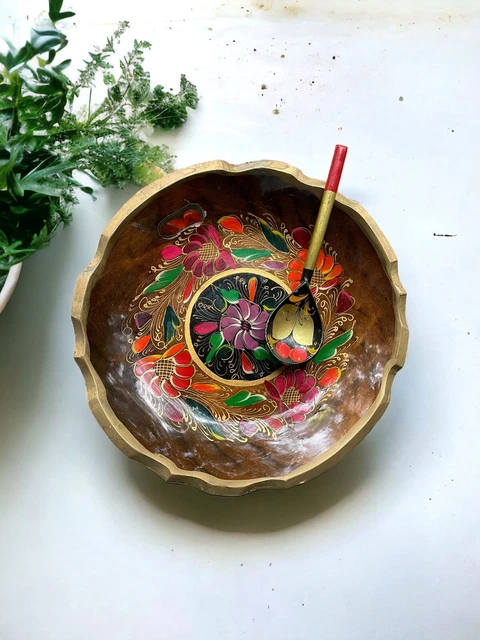 Vtg Russian Wooden Bowl Spoon Set Hand Painted USSR Khokhloma Tray Floral Fruit