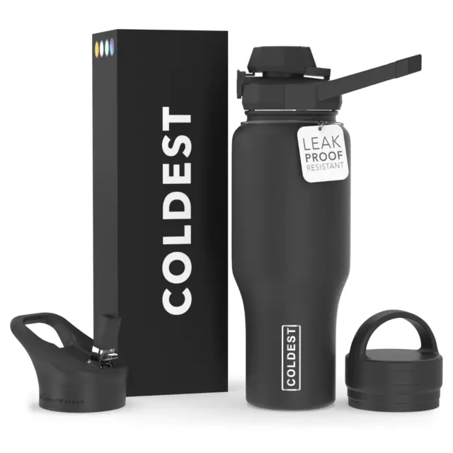 Coldest Shaker Sports Bottle 36+ Hours Cold No Sweat Technology 3 Lids- 36oz