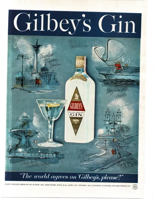 1959 Gilbey's Gin famous landmarks around the world art Vintage Print Ad