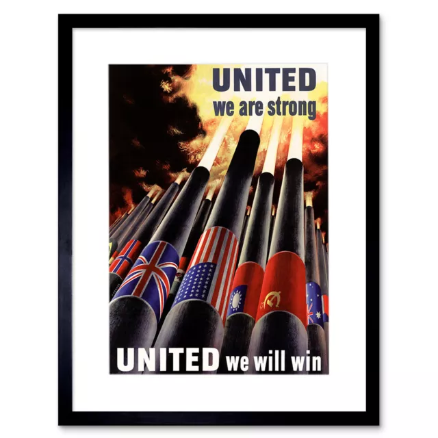War WWII United Nations Gun Artillery Flag Poster Framed Wall Art Print 12X16 In