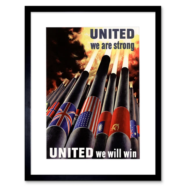 War WWII United Nations Gun Artillery Flag Poster Framed Wall Art Print 12X16 In