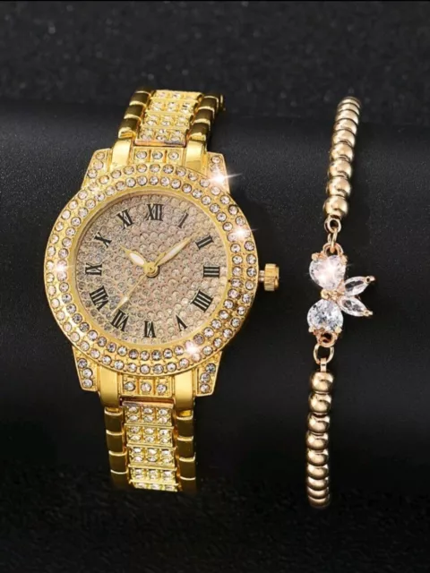 Armbanduhr Armkette Modeschmuck Set Uhren Damen Mädchen Strass Gold Geschenk Neu