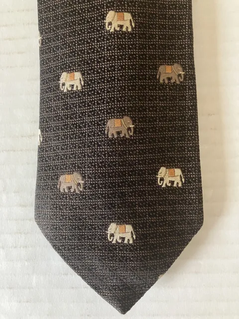 Jim Thompson Men's Necktie Tie Silk Black Brown Geometric Elephant Repeat 58"