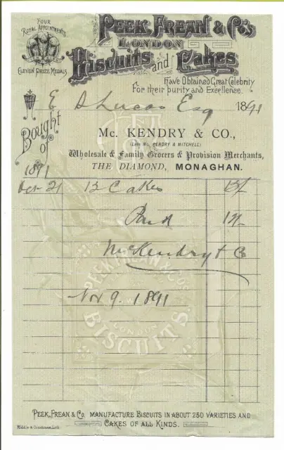 1891 Peak Frean Biscuits & cakes letterhead. Mc Kendry Mohagan grocers invoice