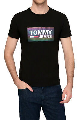 Nuovo con etichette Tommy Hilfiger TJM Stretch Tee centro Logo Uomo Nero Riflettente PIASTRA Cool