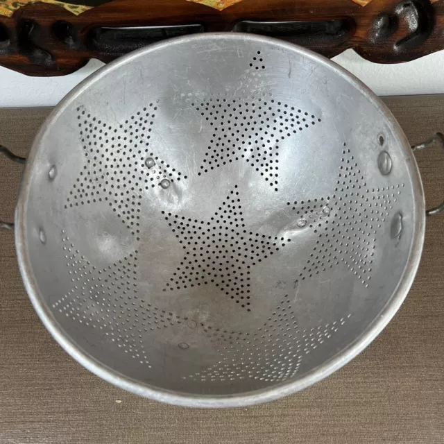 Vintage Aluminum Star Colander Strainer 6 Star Pattern 11” Footed With Handles 2