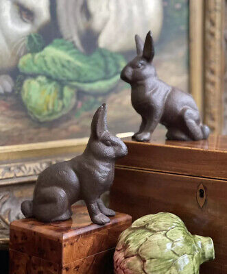Marvelous Small Bronze Classic English Rabbit Hare Bunny Mantle Table Pair 4.25”