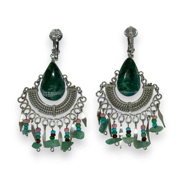 Green Faux Stone Jade Dangle Silverton Clip Earrings