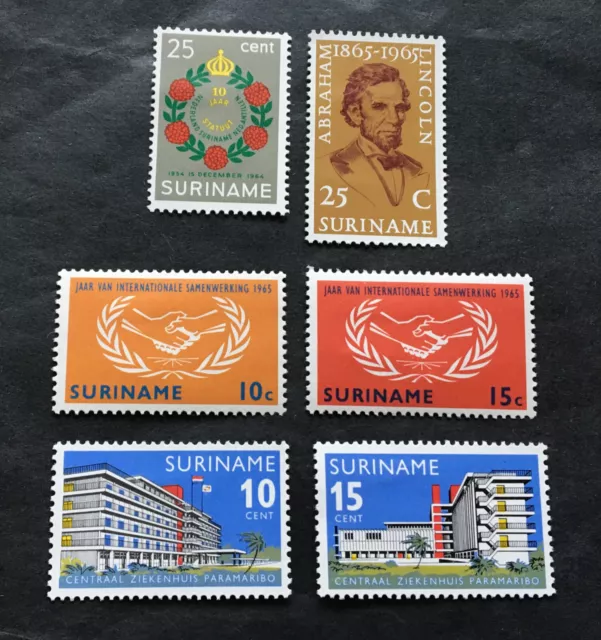 Suriname 1964-1966 - 6 mint hinged stamps - Michel No. 454, 459-461, 492, 493