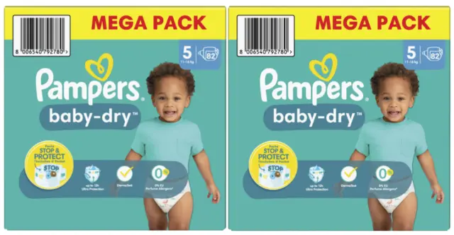 Couche Pampers baby-dry taille 5 (11-16kg) lot de  2x 82 soit 164 couches