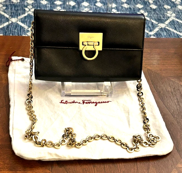 Salvatore Ferragamo Black Clutch / Soulder Bag Leather W/ Gold Chain Strap