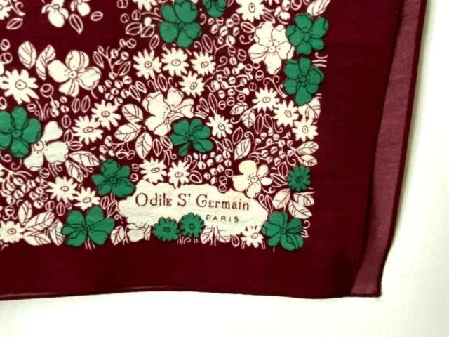 FOULARD Vintage Carré Odile Saint Germain Paris Bordeaux Vert 64 x 64 comme NEUF