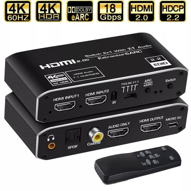 HDMI 2.0 Earc Audio Extractor Switch 4K 60Hz with Earc 7.1CH HDMI to Toslink 5.1