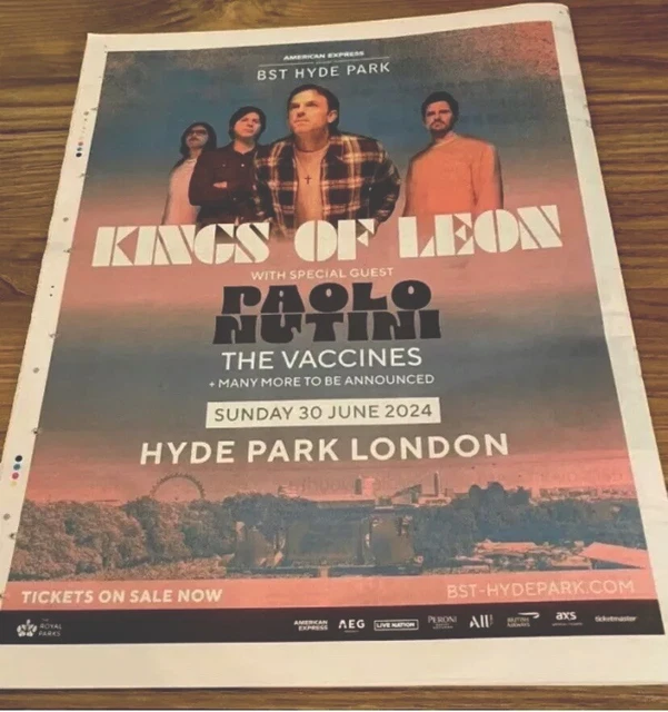 KINGS OF LEON The Vaccines 2024 Tour Dates Ad Newspaper Advert Poster