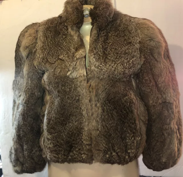 VTG Brown Rabbit Genuine Fur Bomber Small Zip Jacket Coat 70’s Princess Mob Wife