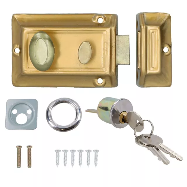 Brass Finish Door Lock Night Latch Rim Yale Type Cylinder Security Latch 3 Keys