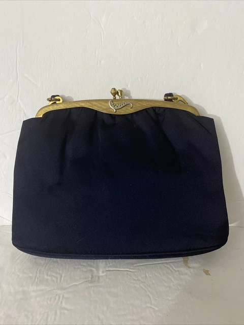 Twifaille by Rosenfeld Vintage Black Satin Evening Handbag Gold-Tone Hardware