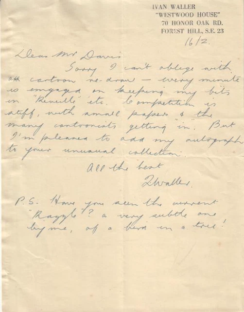 Ivan Waller Autographed Handwritten Letter Popular English Cartoonist