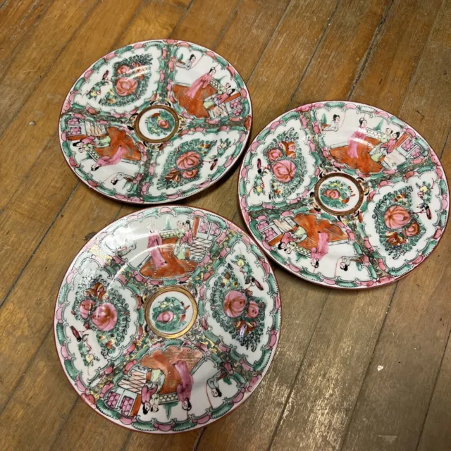 Antique Chinese ROSE MEDALLION Porcelain Plate Hand-Painted Set Of 3