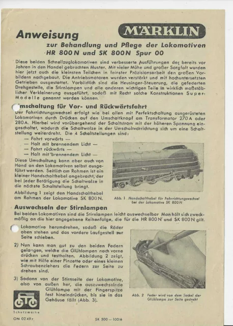 Anleitung Anweisung für die HR 800 N und SK 800 N  Märklin 00 von 1949