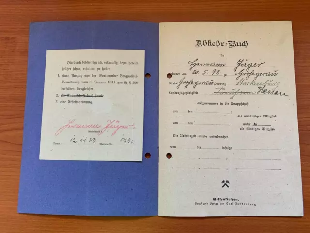 Wwi German. Weimar Republik. Workers Registration Book -:- Original Condition