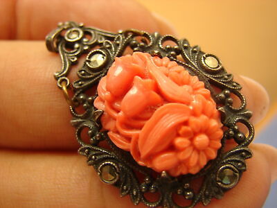 Vintage Carved Faux Coral Celluloid Pendant With Marcasite Accent Stones