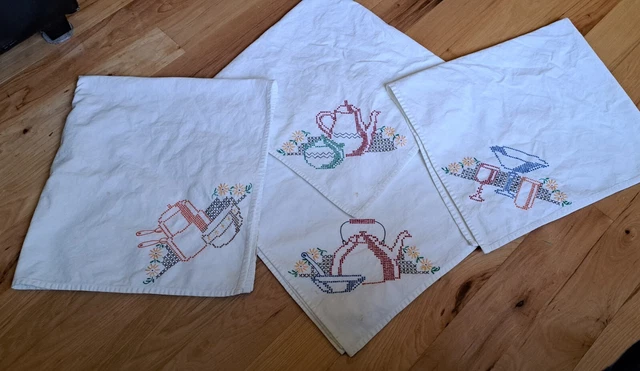 4 Vintage Hand Embroidered Flour Sack Dish/Tea Towels Beverage Containers