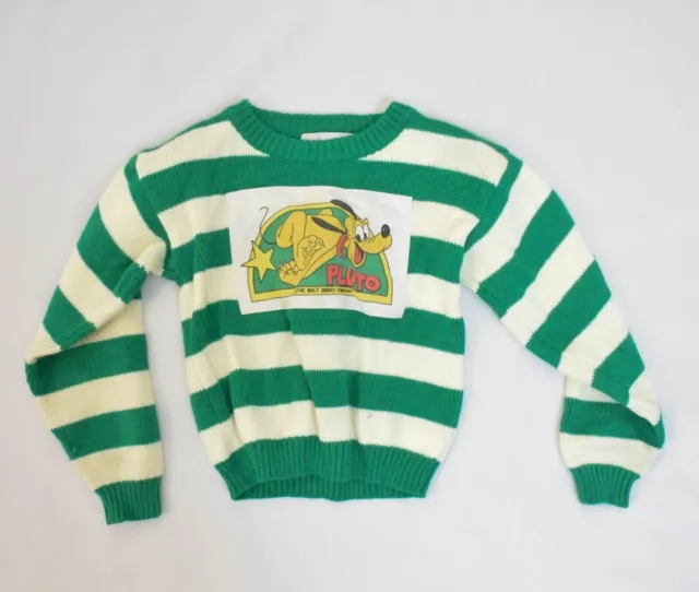 Vintage 70s 80s Pluto Disney Sweater 6-7 Kids Striped Green Cream Knit Cartoon