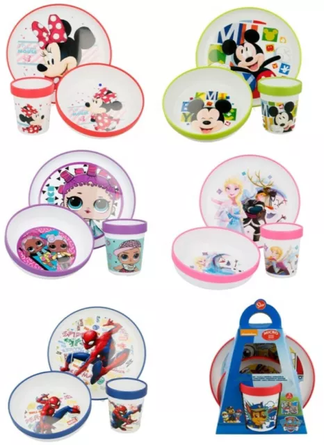 Kids Character BPA Free Premium Micro Dinnerware 3pcs Dinner Set Plate, Bowl,Cup